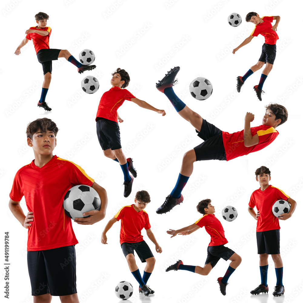 Wall mural Collage. Portraits of teen boy, football player in red uniform training, posing isolated over white background