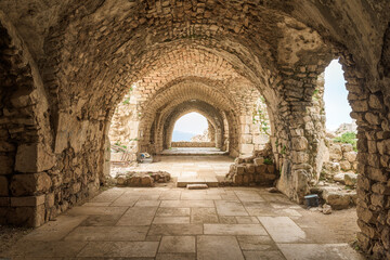 Fototapeta na wymiar Main hall in Smar Jbeil crusader castle, a citadel from medieval times near Batroun, Lebanon, Middle East