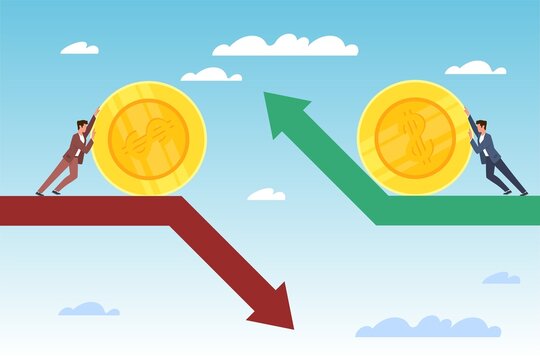 Decline and growth of investments. Stock market exchange rate, businessman buying or selling dollar currency, red and green arrow, trader and stock broker vector cartoon flat concept