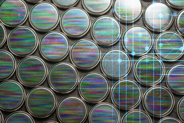 CR2032 coin cell batteries background closeup pan slide