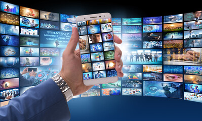 The collage of photos with businessman