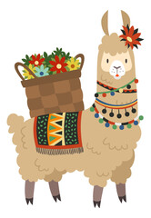 Funny alpaca carrying flowers in traditional old basket. Cute peruvian symbol