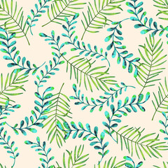 Fototapeta na wymiar Summer Cool Palm Leaves Watercolor Seamless Pattern