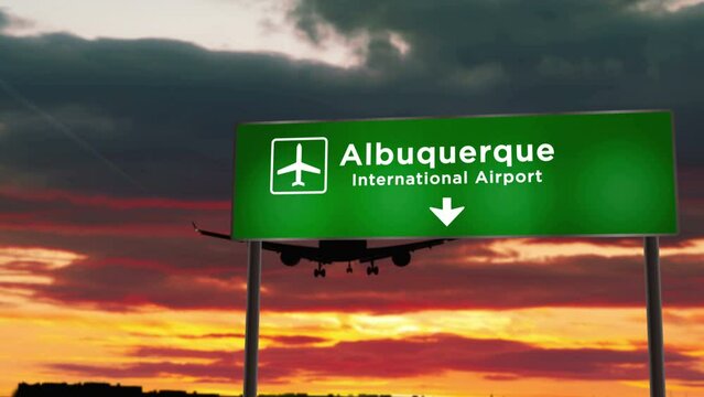 Airplane silhouette landing in Albuquerque, USA, New Mexico. City arrival with airport direction signboard and sunset in background. Travel, trip and transportation 3d concept.