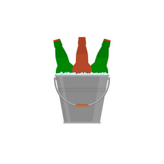 Metal bucket with beer bottles and ice cubes. Isolated vector illustration on white background. © Siarhei