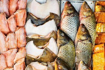 Fish of different types on the counter in the store. Trade in fresh seafood wholesale and retail....