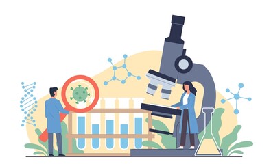 Scientists with magnifying glass and microscope. Bacteriological laboratory, studying viruses, microbiology and chemistry, drug and vaccine development, vector cartoon flat concept