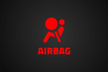 Red airbag icon and text on black background  - obrazy, fototapety, plakaty