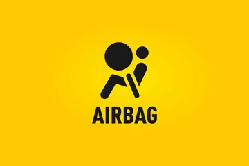 Black airbag icon and text on a yellow background - obrazy, fototapety, plakaty