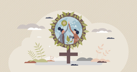 Ecofeminism as feminism with ecological activity effort tiny person concept. Woman union and team to fight for rights and equality vector illustration. Environmental woman movement to protect nature.