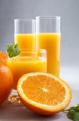 Orange juice in glasses and fresh oranges on a gray background. Concept. Photo