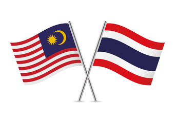 Malaysia and Thailand crossed flags. Malaysian and Thai flags, isolated on white background. Vector icon set. Vector illustration.