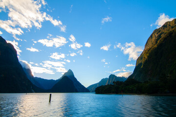 Milford Sound New Zealand fiords before sunset, Fiordland NZ.