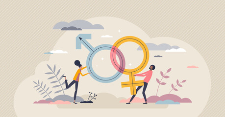 Gender roles and male of female action expectation tiny person concept. Sex role as social behaviors and attitudes based on woman or man stereotypes vector illustration. Equal rights for both genders. - obrazy, fototapety, plakaty
