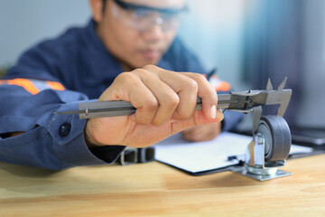 The inspector is using a vernier caliper type measuring tool to randomly inspect the wheel...