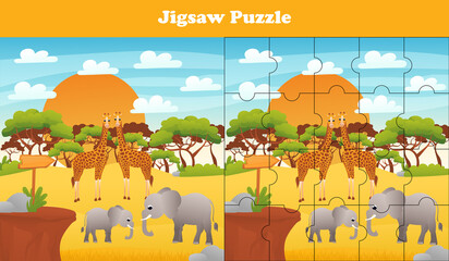 Cartoon vector illustration of educational jigsaw puzzle game for preschool children with funny giraffe and elephants © Iryna Lozovytska