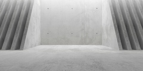 Abstract empty, modern concrete walls room with indirect ceiling light opening in the back and sliced upward sloped walls in the back - industrial interior background template