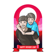 Son on his father shoulders. Happy Father's Day celebration concept.

