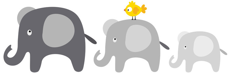 Three elephants walking with little bird