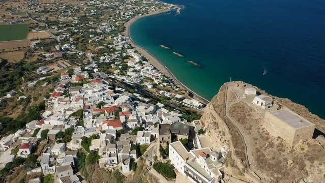Aerial drone video of breathtaking and picturesque main village of Skyros island featuring uphill medieval castle with scenic views to Aegean sea, Sporades islands, Greece