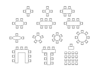 Set of plan for arranging seats in interior, layout graphic outline elements. Chairs and tables icons in scheme architectural plan. Office and home furniture, top view. Vector line illustration - obrazy, fototapety, plakaty