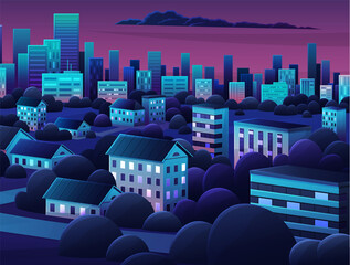 Fototapeta premium Cityscape with houses and buildings surrounded by trees. Night scene of landscape with nature and architecture. City streets with houses at night. Downtown with residential buildings and green