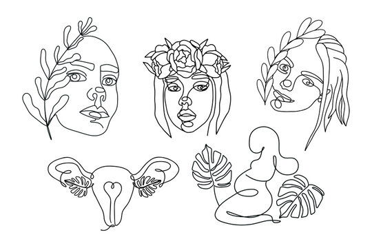 Set of continuous line art female faces with leaves and flowers. Organ of the uterus, female nature.  Pregnant woman with monstera leaves. For printing on t-shirts.