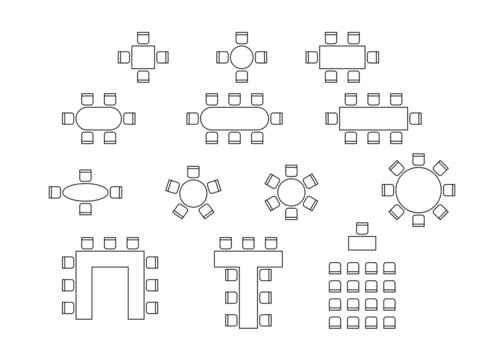 Set of plan for arranging seats in interior, layout graphic outline elements. Chairs and tables icons in scheme architectural plan. Office and home furniture, top view. Vector line illustration