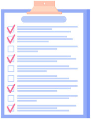 Checklist, daily plan with red tick marks on clipboard. To do list, questionnaire form, survey concept. Check sheet, scheduling timetable, planning schedule, time management vector illustration