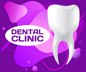 Dental clinic poster vector illustration. Advertising of hospital for teeth treatment. Medical services for installation of dental implant. Human gum with healthy teeth and denture on dentistry banner