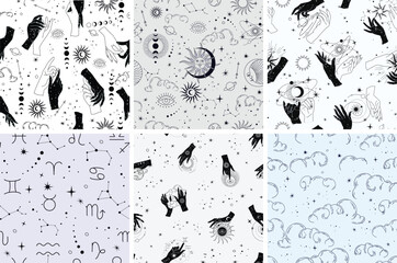 Vector seamless pattern with celestial mystic esoteric magic elements constellations and stars. Alchemy tattoo template. Vector © merfin