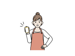 スマートフォンを手に持つ主婦　女性　携帯電話　スマホ　所持