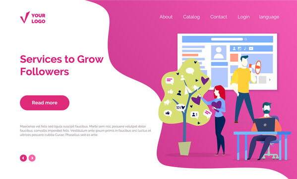 Program For Audience Analytics And Likes Boosting. Service To Grow Followers In Account Of Social Network. People Caring Tree With Profile And Users Info. Marketing Website Landing Page Template