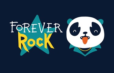 Panda card. Forever Rock. Vector cartoon character. Illustration on a dark background for children in the style of funny doodles. Ideal for printing on baby clothes, t-shirts.