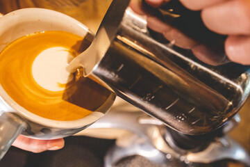 retro coffee maker tool in vintage style for using by barista, home made cafe background with old vintage machine for making a cup of hot drink with coffee or tea