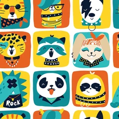 Fotobehang Cute animal rock stars seamless pattern. Hand drawn colorful doodle cartoon characters in rock clothes and accessories, with hair and makeup. Ideal for baby textiles, wallpaper, wrapping paper. © Світлана Харчук