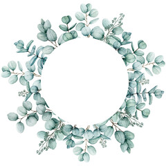 Watercolor eucalyptus Round Frame, Floral eucalyptus leaves and branches exotic Border, isolated on white background, Copy Space Hand Painted Frame