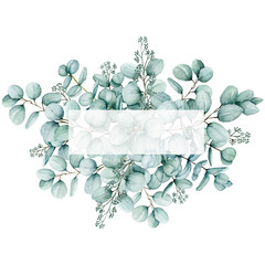 Watercolor eucalyptus Frame, Floral eucalyptus leaves and branches exotic Border, Rectangle Frame isolated on white background, Copy Space Hand Painted Frame