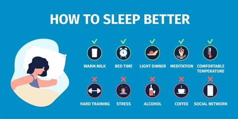 Healthy sleep. Well sleeping infographics, healthy tips and habit for good night time. Medical info poster, insomnia disorder deprivation recent vector banner