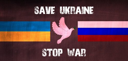 Save Ukraine, Flying peace dove with olive branch logo symbol. White pigeon. Say no to war..