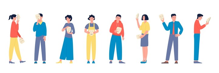 Fake people. Bad depressed mood, changing face person. Cover lie, men and women holding masks with different expressions, personality recent vector concept