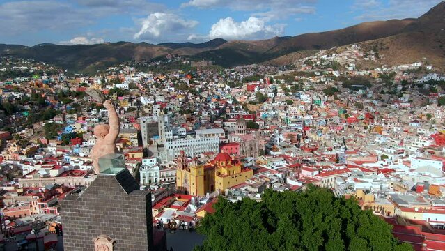 Aerial view of the historic centre of Guanajuato including architectural landmark Basilica of Our Lady of Guanajuato by day in Guanajuato City, Mexico. 
