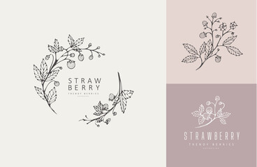 Strawberries floral branch flowers and logo set. Hand drawn line herb, elegant leaves for invitation save the date card. Botanical rustic trendy greenery