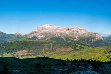 Sella mountain ridge from hiking trail bellow Setass mountain peak in Dolomites mountains in Italy
