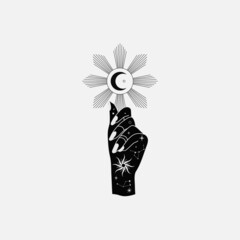 Spiritual esoteric magic logo or talisman with woman hands in silhouette style with stars, sacred geometry moon and sun. Alchemy mystic tattoo object logo template. Vector
