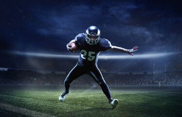 Obraz na płótnie Canvas Collage with male american football player in sports equipment at stadium in motion. Action, activity, sportlife concept. Flyer, poster for ad, design.