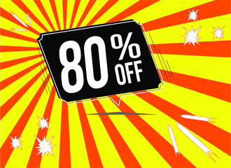 -80 percent discount. 80% discount. 80%. Yellow Orange banner with floating balloon for promotions and offers.