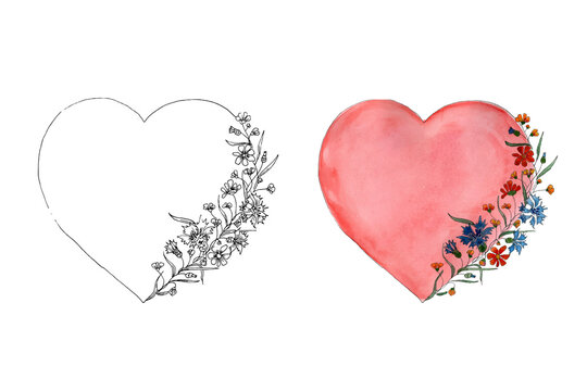 Hand drawn heart with wild flowers. Watercolor and liner