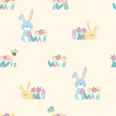 Seamless pattern with Easter Bunny rabbit, eggs and tulips flowers in the basket over yellow background. Vector illustration.