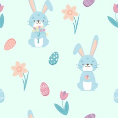 Seamless pattern with Easter Bunny rabbit, eggs and tulips flowers in the basket over blue background. Vector illustration.